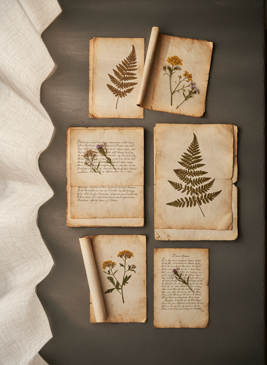 A collection of vintage parchment manuscripts, their surfaces mottled and edges softly curled with age, arranged in a careful, overlapping pattern atop a matte slate tabletop. Delicate sepia ink lines, faint script, and pressed botanical specimens peek from between pages. Illuminated by soft afternoon light filtering through linen curtains, the image is suffused with a gentle, scholarly ambiance. Shot from a top-down, bird’s-eye view, the composition is balanced and minimalist, drawing attention to the textures and graceful gradations of color. This photographic image echoes a refined, nostalgic sensibility ideal for a literary history section.